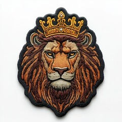Lion with crown embroidered patch badge on isolated white background, vector badge and patch collection for print or embroidery