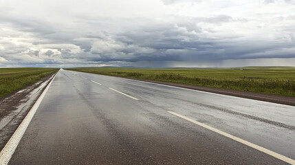 Fototapeta premium Wet Green Fields and Rain-Kissed Road Under Dark Clouds