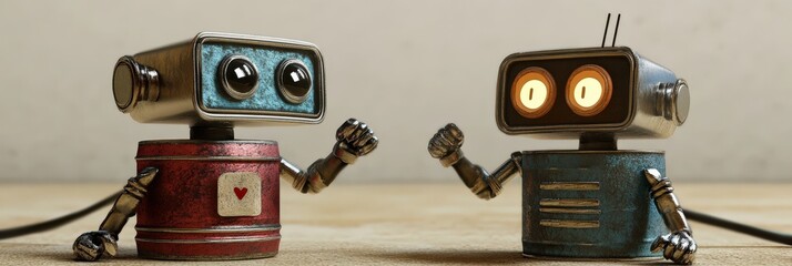 Can Phones. Retro Robot Communication with Tin Can Phones in 3D Render