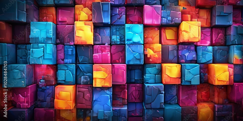 Poster a colorful wall made of blocks with a blue and yellow square in the middle