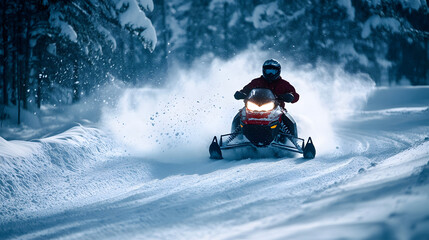 A snowmobile making a high-speed turn around a bend on a snowy trail with snow flying off the tires.