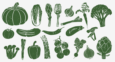 Different vegetables linocut vector illustration with grunge texture. Monochrome linear woodcut illustration. Harvest, autumn isolated graphic elements. Vector set