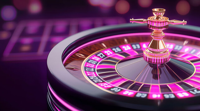 Luxurious casino roulette wheel bathed in glowing purple and pink neon lights, with glossy metallic accents reflecting the excitement of the game