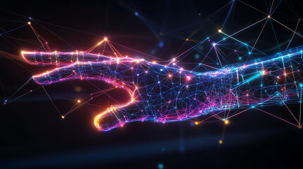 Obraz premium Digital hand interaction with glowing neon effects, abstract background with connected nodes and futuristic elements, representing tech synergy