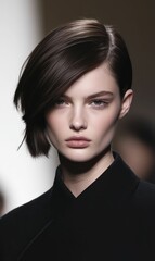 Fototapeta premium Woman with short dark hair wearing black top.