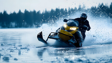 Naklejka premium A snowmobile performing a high-speed drift around a bend on a frozen lake with ice shards flying in the air.