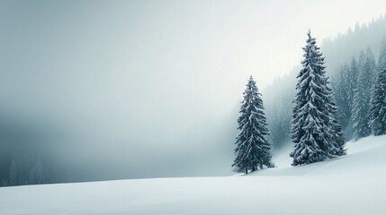 Heavy snowfall blanketing a mountain landscape, winter weather, cold and serene