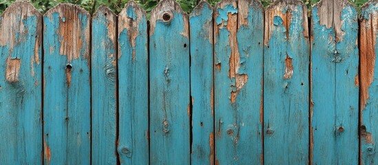 Weathered blue wooden fence with peeling paint and visible wood grain.