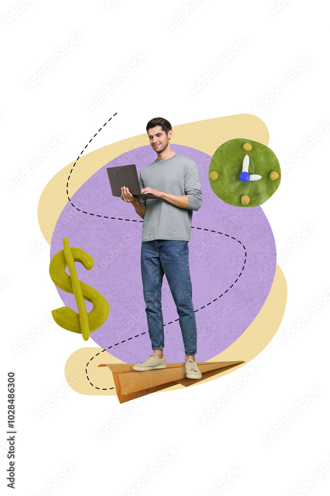 Poster artwork collage poster of happy handsome successful man worker use modern netbook analyzing bitcoin 