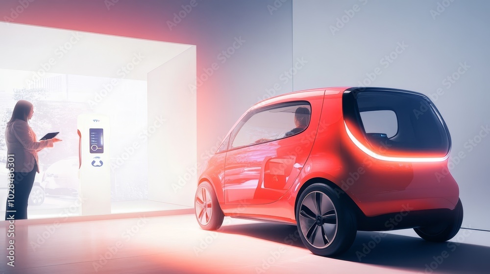 Wall mural a sleek red electric car charging in a modern space, showcasing technology and innovation in urban m