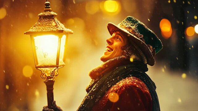 Classic Christmas caroler in deep red and green colors, singing under lantern light on a snow-covered path for a cozy holiday setting. Christmas carolers