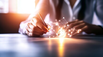 A professional working with digital technology, creating innovative ideas and connecting concepts in a modern workspace.