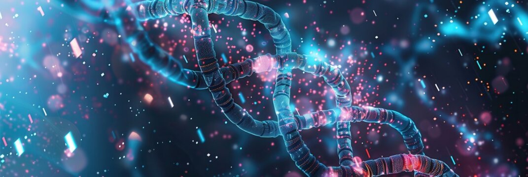 A vibrant 3D DNA strand is intricately displayed, enhanced by overlaid digital data, binary code, and colorful data streams. Generative AI