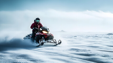 A snowmobile rider accelerating across a vast open tundra with wind whipping up snow behind the machine.