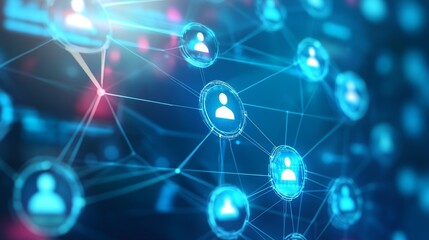 Abstract network connections with user icons, illustrating digital communication and social networking concepts in a futuristic design.