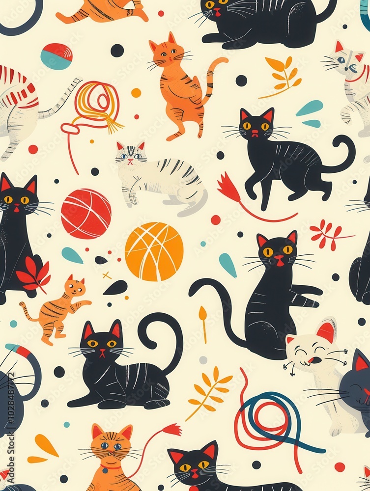 Poster playful cats of various colors interact with yarn, balls, and toys, creating a lively atmosphere fil