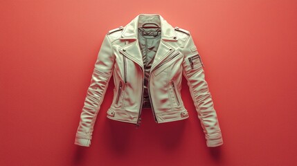 A stylish white leather jacket displayed against a vibrant coral background. Perfect for fashion branding and product showcases.