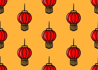 Seamless pattern with red Chinese lantern. Chinese New Year pattern on orange background. Red hanging lantern. 