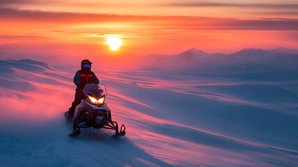 A snowmobile rider cresting a dune of snow in a windswept arctic landscape with the sun setting low on the horizon.