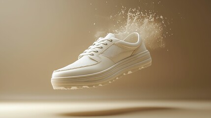 A realistic design of a white sports shoe suspended in mid-air, showcasing its sleek features against a soft, warm background. Perfect for branding purposes.
