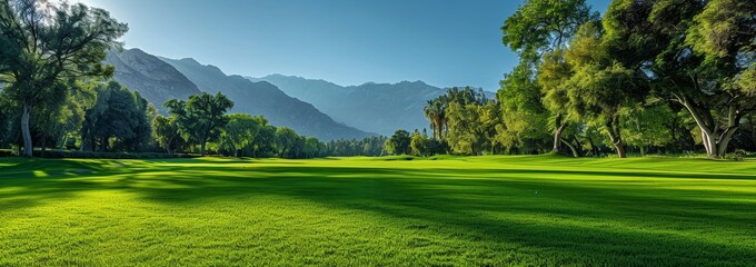 Lush green lawn adorned with trees under a blue sky, bathed in sunlight, with vibrant grass set against majestic mountains, evoking tranquility and relaxation.