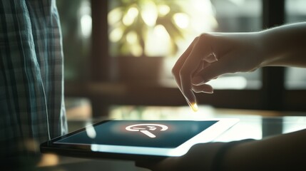 A close-up of a hand interacting with a digital tablet in a modern environment, highlighting technology and connection.