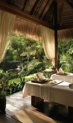 Obraz premium Outdoor spa setting with jungle view.