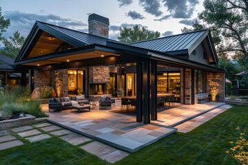 Naklejka premium Charming modern farmhouse patio featuring a black metal aluminum cover, a spacious outdoor dining area with a barbecue grill, and an elegant seating lounge illuminated by ambient lighting at dusk in a