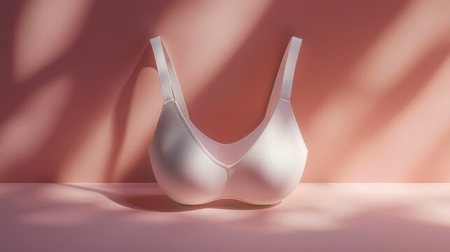 A stylish white bra elegantly displayed against a soft pink background, showcasing its curved design and texture in a modern, minimalistic setting.