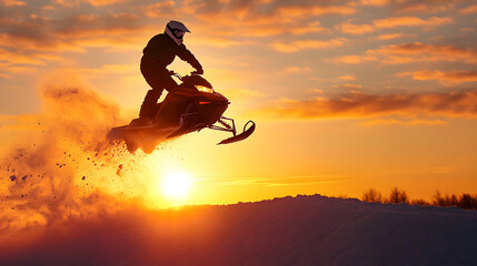 A snowmobile rider jumping over a snow-covered hill silhouetted against the setting sun.