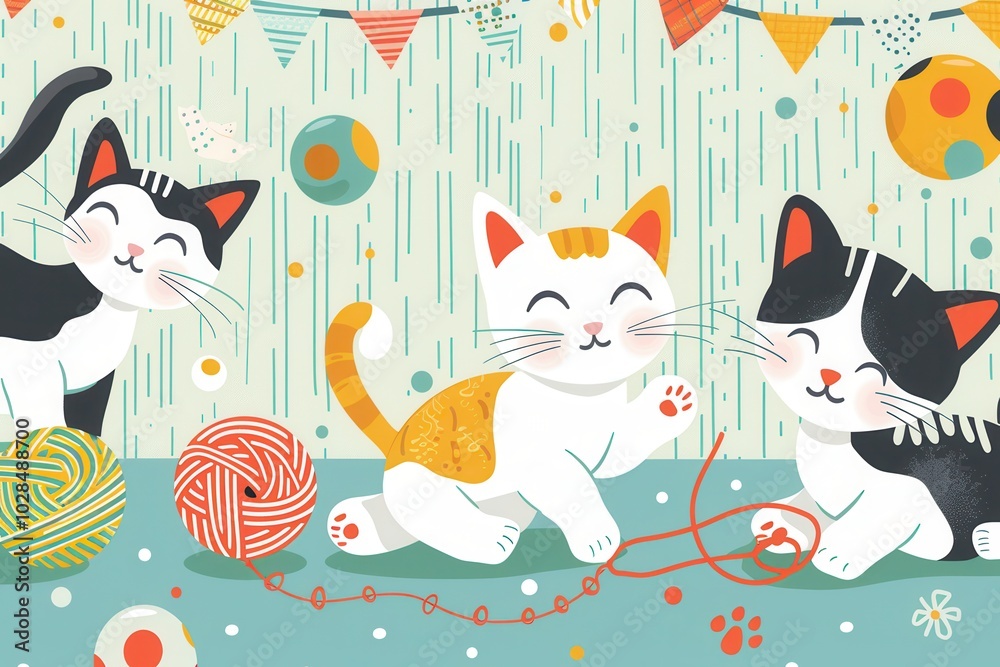Poster Three playful cats are joyfully interacting with yarn and balls in a vibrant indoor environment filled with patterns and colors. Generative AI