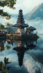 Obraz premium Temple reflection in calm lake water.