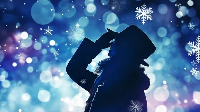Festive caroler singing under a dark, starry night sky, with snowflakes and rich blue and purple hues creating a magical holiday atmosphere. Christmas carolers