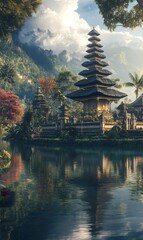 Obraz premium A Balinese temple on a lake surrounded by lush greenery.
