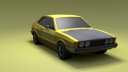 Cool looking old fashion car, front view studio render on green background. Bright modern car design. 3d illustration.