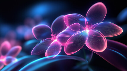 Close-up of vibrant, glowing flowers in rich neon colors, creating a surreal, dreamy, and ethereal atmosphere with bold contrasts and delicate petals.