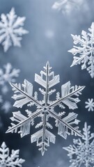 Close-up of detailed snowflakes on a soft blue vertical background. Winter holiday concept with frosty snowflake shapes for seasonal design and decoration