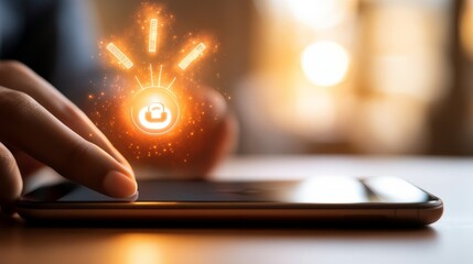 A person using a smartphone with a glowing lock symbol, representing security and technology in a modern digital environment.