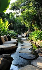 Tropical garden with a stream and stepping stones.