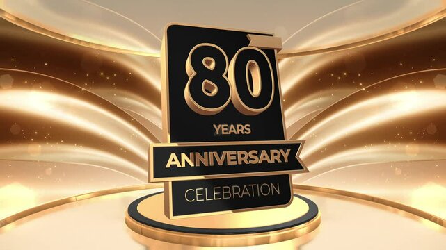 80 years, 80th anniversary logo loop, looped video background, backdrop in 3D Gold 