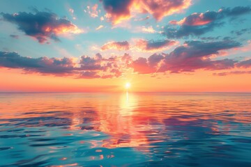 Fototapeta premium Stunning sunset over a tranquil sea with a beautiful sky, showcasing vibrant colors and sun reflections on the water surface.