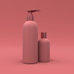 Elegant cosmetic bottle closeup on red background. Modern cover design. 3d illustration.