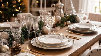 Beautifully decorated table with elegant holiday dinnerware. Christmas luxurious white tableware, festive background, decorated Christmas tree lights. Xmas banquet table setting. Wallpaper, poster
