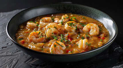 Delicious shrimp stew with vibrant vegetables and herbs, served in dark bowl, showcasing rich and flavorful dish that is perfect for seafood lovers