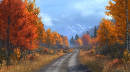 Fototapeta premium 141. A quiet road leading through a colorful autumn landscape