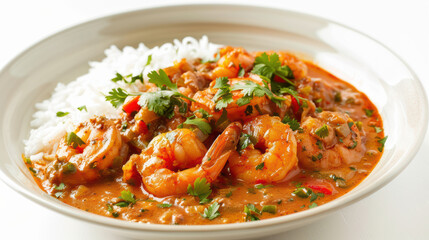 Delicious shrimp curry served over fluffy white rice, garnished with fresh herbs, creating vibrant and appetizing dish that is perfect for any meal