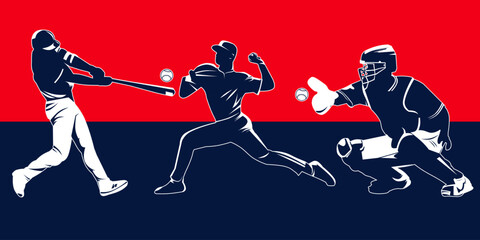 Fototapeta premium Collection of vector silhouettes of baseball players, silhouette designs, baseball poses, pitcher, catcher ,batting