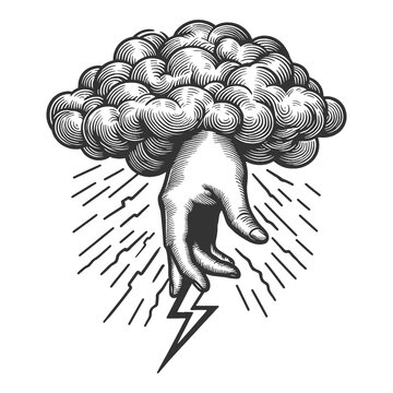 recommend clip art: Hand of God sends lightning from sky cloud engraving generative ai raster illustration. Scratch board style imitation. Black and white hand drawn image. 