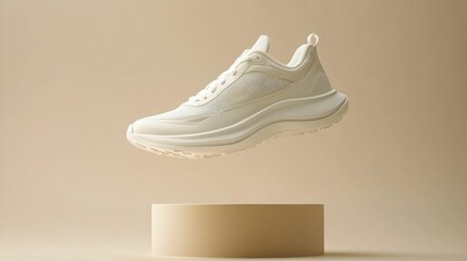 A floating pair of elegant white sneakers displayed on a beige base, highlighting their modern design and sleek look for a stylish footwear option.