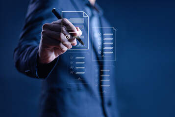 Businessman signing electronic document on digital document. Electronic signature concept....